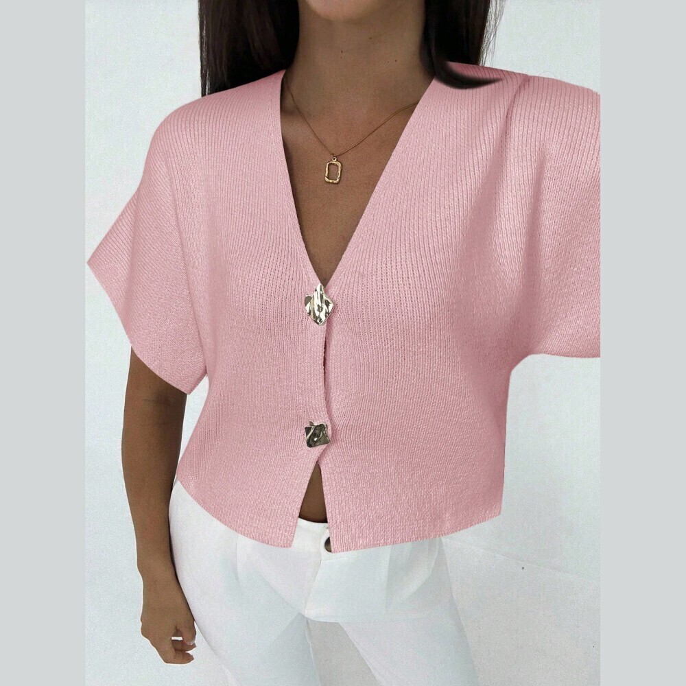 Pink Ribbed Knit Cardigan with Statement Button Closure - Picture 6 of 6